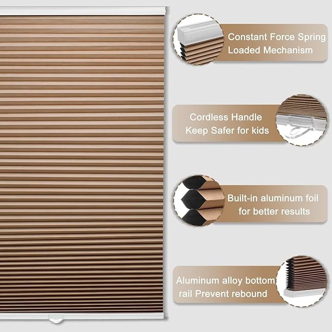 MYshade Cordless Blackout Cellular Shades, 1.5" Honeycomb Window Blinds for Bedroom & Nursery, Thermal Insulated, Noise Reducing, Privacy Shades, Inside or Outside Mount (45" W x 72" H, Light Brown)