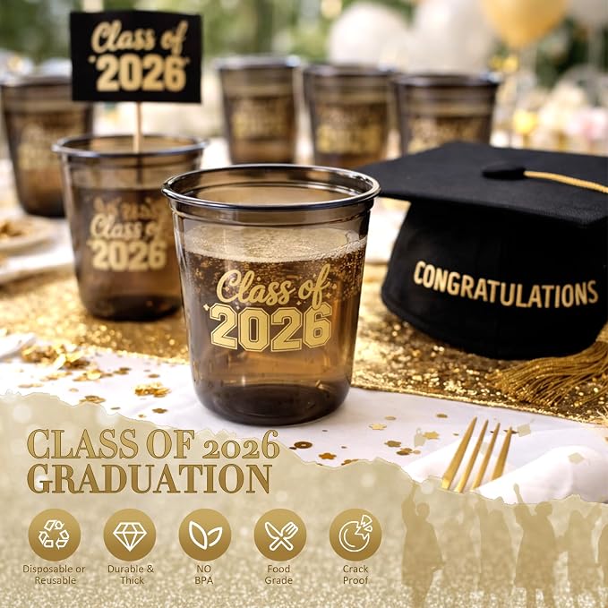 Potchen 50pcs Graduation Cups Class of 2026 12oz Clear Plastic Graduation Party Cups for 2026 Celebration Party Supplies Congrats Grad Tableware Decoration(Black Yellow)