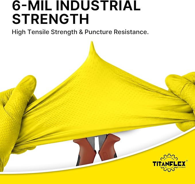 TitanFlex Heavy Duty Industrial Nitrile Gloves with Raised Diamond Texture, 6-mil, Latex Free (Yellow)