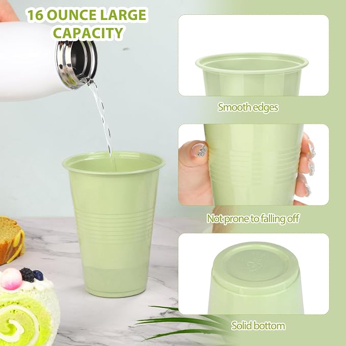 Kochorie 50 Pack Disposable Plastic Cups 16 Oz Solid Color Drinking Cups Party Supplies Strong and Sturdy Drinkware Cup For Birthday, Wedding, Baby Shower, Gender Reveal Party & Daily Use, Sage Green