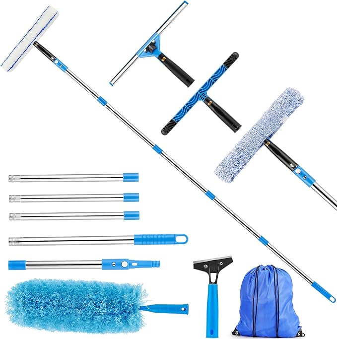 75" Window Squeegee Cleaner Kit with Extension Pole, 360° Rotating Streak-Free Glass Cleaner for High Windows, Shower Doors & Solar Panels – Professional All-in-One Window Cleaning Tools Set