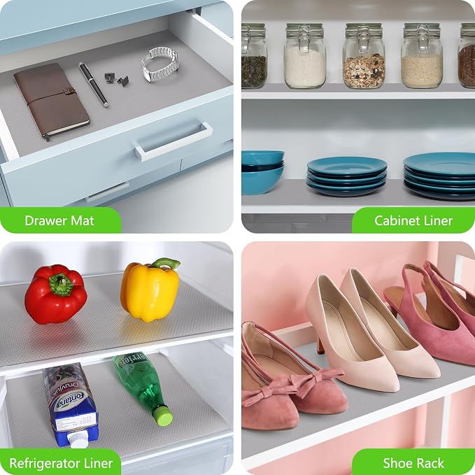 Shelf Liners for Kitchen Cabinets Non Adhesive Drawer Liner for Bathroom Waterproof Refrigerator Liners for Shelves Fridge Plastic Mats Cabinet Cupboard Liner Light Gray 11.8 x 236.2 Inches