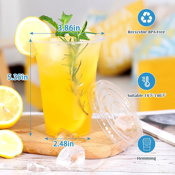 TashiBox plastic cups with lids [20 oz 100cups&100flat lids],Clear Crystal disposable plastic cups,smoothie cups