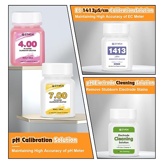 pH EC PPM Monitor for Water Hydroponic with Calibration Solution, 6 in 1 pH EC TDS Continuous Monitor with pH 4.0 7.0 & EC 1413μS/cm Calibration and Probe Cleaning Solution for Water, Pool, Aquarium