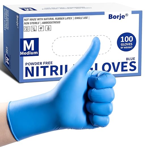 Borje Nitrile Exam Gloves Medium, 100 Count Disposable Gloves, Blue, Latex-Free Powder-Free, Food Safe, Cooking, Cleaning