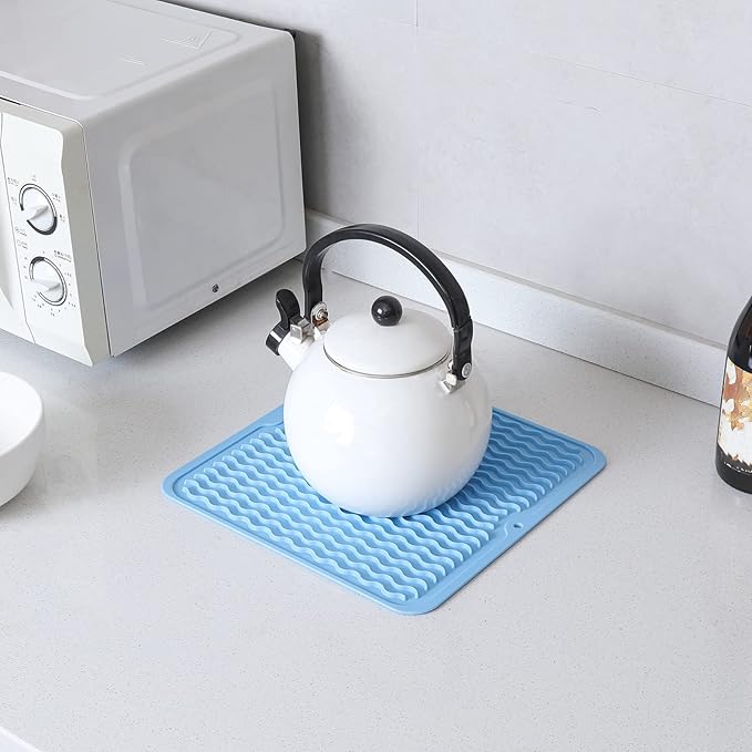 MicoYang Silicone Dish Drying Mat for Multiple Usage,Easy clean,Eco-friendly,Heat-resistant Silicone Mat for Kitchen Counter or Sink,Refrigerator or Drawer liner Light Blue M 12 inches x 12 inches