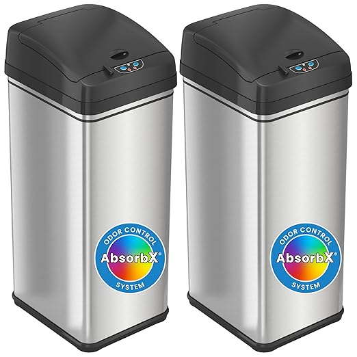 iTouchless 13 Gallon Sensor Trash Can with Deodorizer (2-Pack), Stainless Steel, Big Lid Opening (Base Version - No AC Adapter)