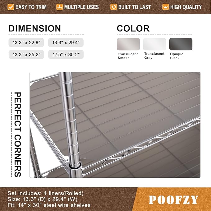 Poofzy Wire Shelf Liner 14" X 30", Non-Adhesive Plastic Shelf Liners for Wire Shelving, Waterproof Protector Mats (4PK, Gray)