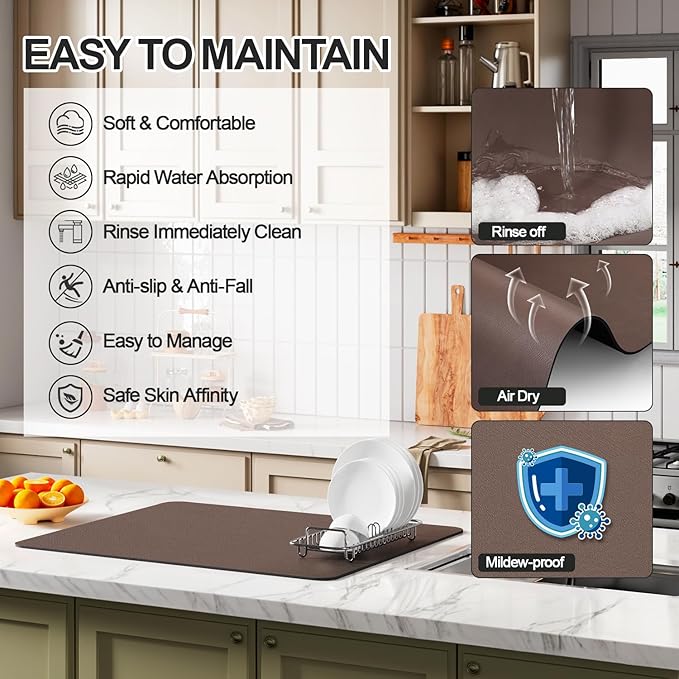 Ecotrim - Dish Drying Mat for Kitchen Counter | Coffee Bar Mat for Countertops | Heat Resistant Drainer Mat with Non-slip Rubber Backed | Hide Stain Kitchen Absorbent Draining Mat | Brown 16"x20"