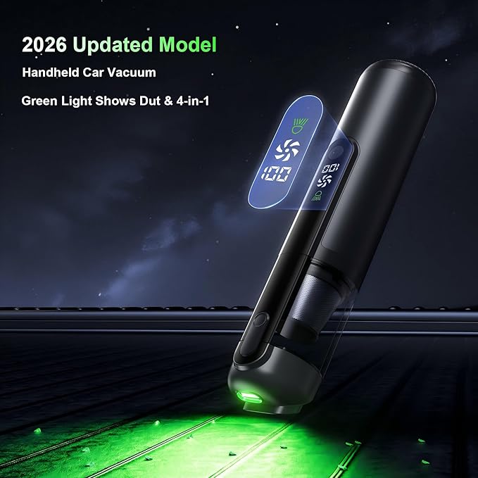 Car Vacuum, Handheld Vacuum Cordless 19000Pa, 4-in-1 Mini Portable Cleaner with Green LED Detection Light, 2 Modes for Car, Home, Office, Desk & Keyboards, Rechargeable, Washable Filter