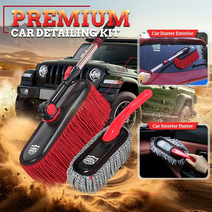 Car Duster Exterior Scratch Free & Interior Detailing Brush Set, Waxed Cotton Waterless Dust Remover, 360° Swivel Telescoping Handle, Multi-Purpose Cleaning Tool for Cars, RVs & Home