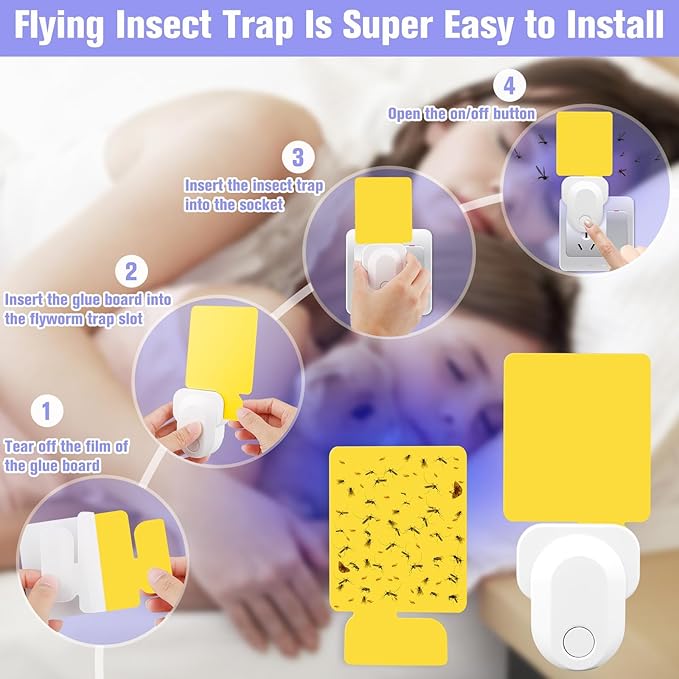Flying Insect Trap Plug-in, Indoor Mosquito & Gnat Killer, Safe Non-Toxic UV Light Fly Catcher, Night Light Bug Trap with Sticky Pad for Flies, Gnats, Moths (4 Pack, White)