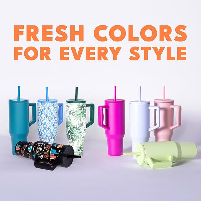 Elemental 40 oz Tumbler with Handle and Straw - Spill Proof Insulated Stainless Steel Commuter for Cold Beverages - Travel Coffee Mug with 2 Straws & Spill Proof Lid - 40oz - Lilac Tie Dye
