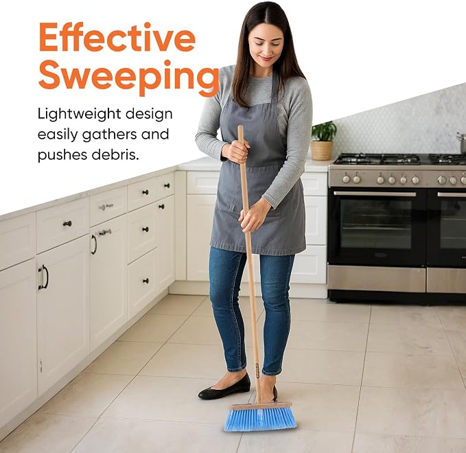 Superio Kitchen Broom - USA Wood Handle, Fine Premium Blue Bristles - Heavy Duty Household Broom - Easy Swiping Dust and Wisp, Home, Kitchen, Lobby, Floors and Corners.