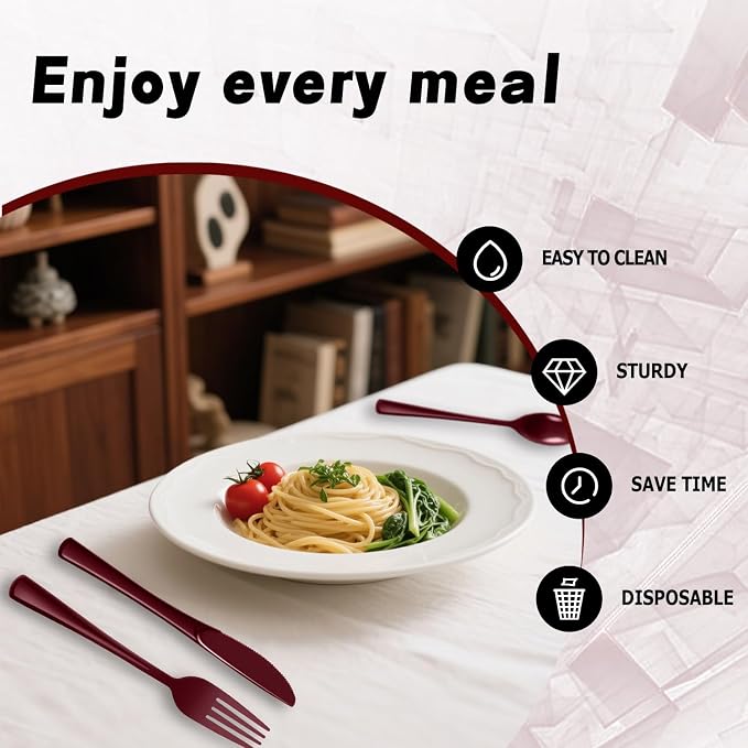 Plastic Silverware 150 PCS Disposable Silverware Heavy Duty Utensil Sets 50 Of Each Forks Knives & Spoons Disposable Cutlery Set For Easter,Birthday,Baby Shower,Garden Party,Wedding(150,Burgundy)