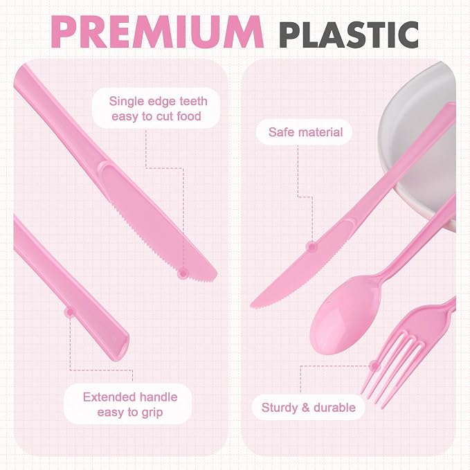 Kochorie 300 Pieces Graduation Light Pink Plastic Silverware Heavy Duty Plastic Cutlery Set Heavyweight Disposable Flatware Includes Spoons Forks Knives for Birthday Party Prom Night Wedding Dinner