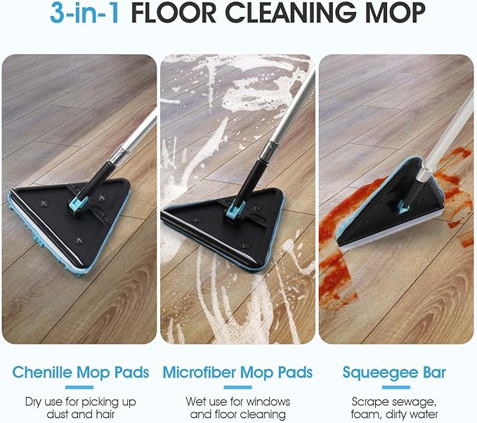 20 Foot Painted Wall Cleaner Mop with 12 Ft Heavy Duty Extension Pole, 3-in-1 High Ceiling Cleaning Tool with 4 Microfiber Chenille Pad, Cobweb Duster, Fan, Baseboard, Window Squeegee Kit (12ft)