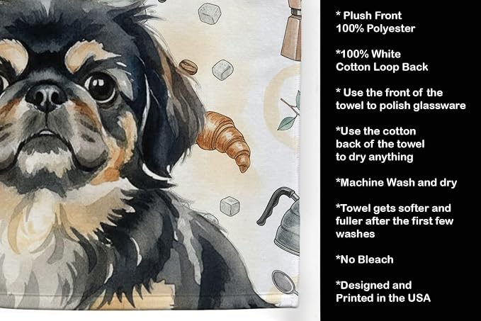 Caroline's Treasures Black and Tan Pekingese Coffee Bar Kitchen Towel Velour Plush Front and Cotton Loop Back Machine Washable