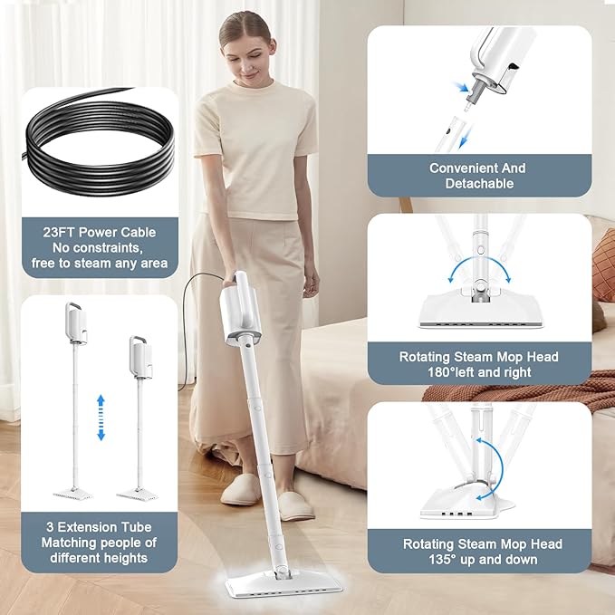 Steam Cleaner, 6 in1 Rotated Steam Mop Cleaner with 2 Modes, 2 Microfiber Pads, 400ML Removable Tank, 23FT Power Cable, Detachable Steam Mops for Floor, Laminate Floor, Tiles Cleaning (Onion White)