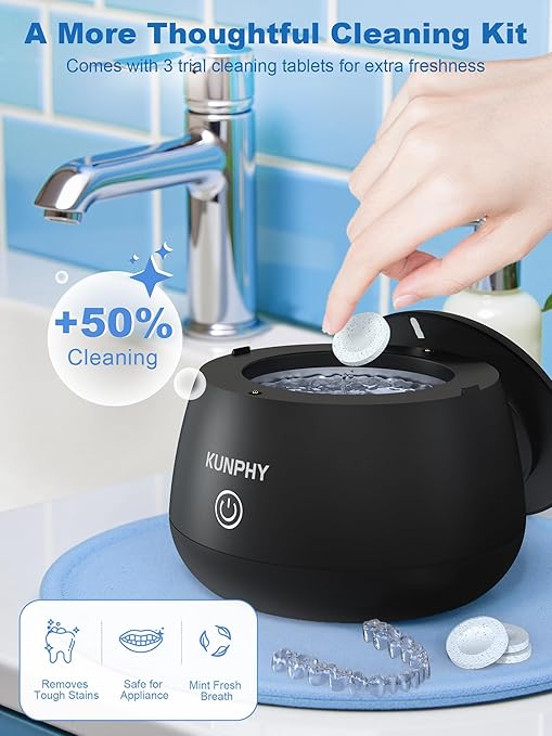 KUNPHY Ultrasonic Retainer Cleaner Machine, 48kHz Dental Cleaning Pod for Braces, Night Guard, Mouthguard, Toothbrush, Denture, Jewelry Black