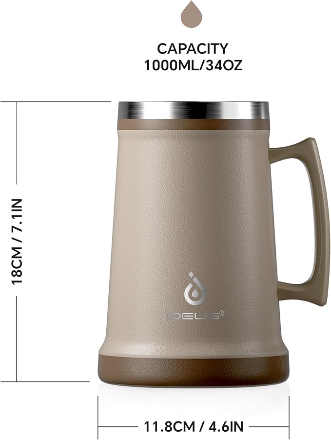 Ideus Insulated Beer Stein, 24/32oz Stainless Steel Double Walled Beer Mug Giant Bar Drinkware Metal Beer Cup with Big Grip Handle (Antique Pink, 34 ounces (1,000ml))
