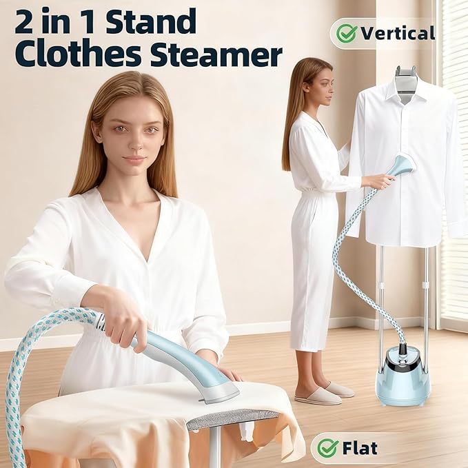Upright Steamer for Clothes 1350W Turbo Boiler Standing Garment Steamer 1.6L Water Tank 1h Continuous Steam Flat&Hanging Ironing Double Retractable Rod 10 Modes 30s Fast Preheat for all Fabrics