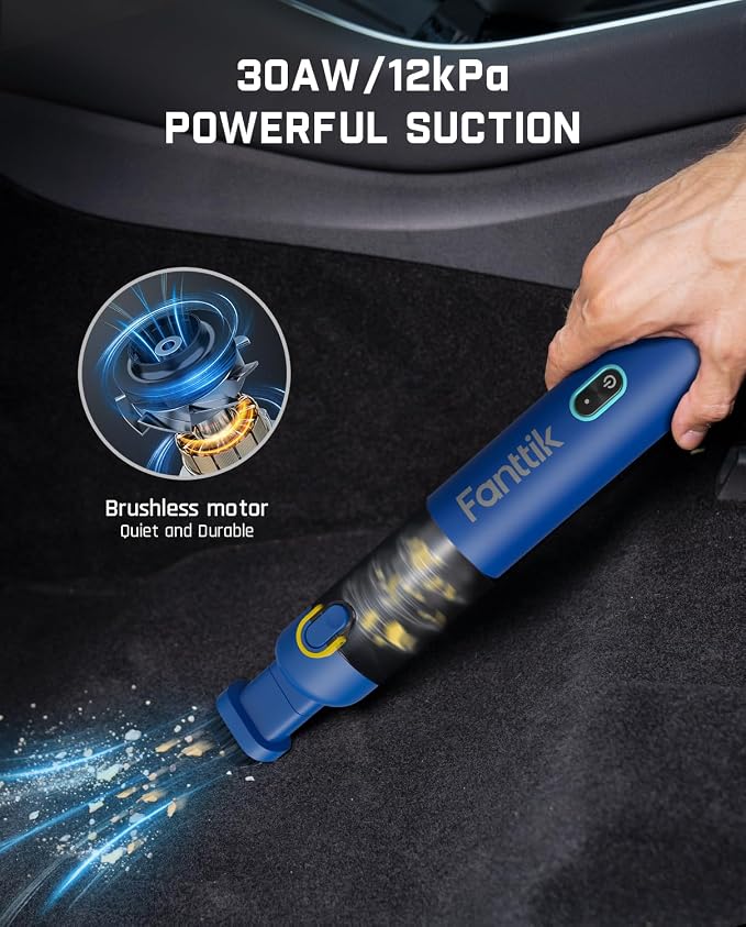 Fanttik Slim V8 Mate Cordless Car Vacuum Suction Power 12000Pa, Portable Mini Vacuum with Flexible Hose and Pet Brush, Type-C Charge, Portable for Car, Office Desk, Keyboards, Blue