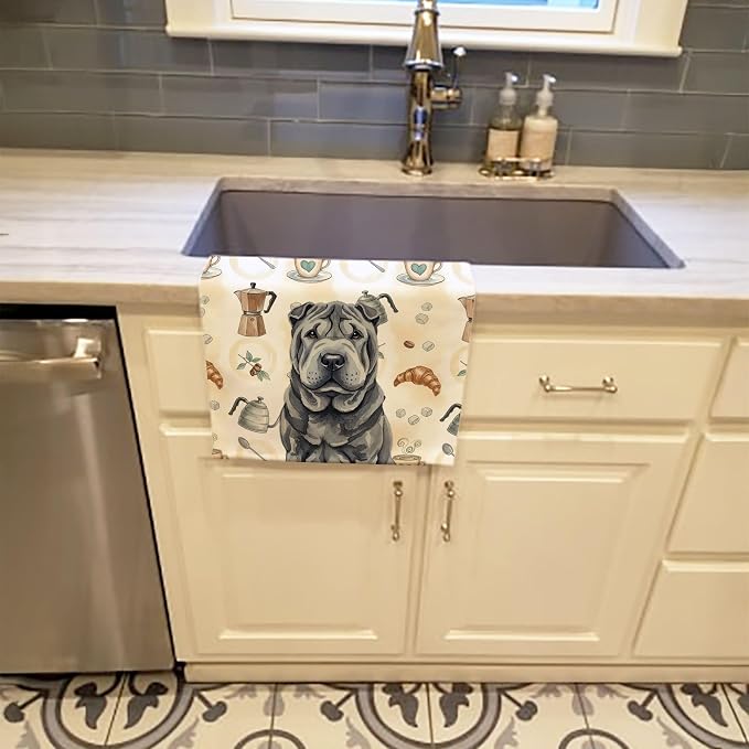 Caroline's Treasures Black Shar Pei Coffee Bar Kitchen Towel Velour Plush Front and Cotton Loop Back Machine Washable