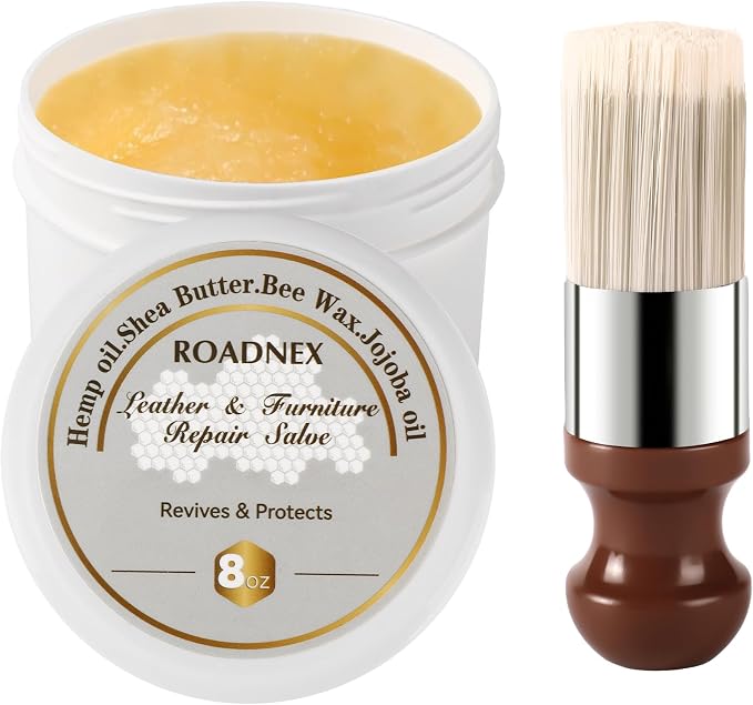 8oz Leather Repair Salve & Brush Set, Leather Cleaner and Conditioner for Furniture, Couch, Car Seats - Scratch Repair, Restore Color, UV Protection, for Leather, Vinyl & Wood