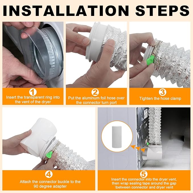 Dryer Vent Hose for Tight Space, Indoor 4in Dryer Vent Vacuum Hose Connector Attachment with Double 90 Degree Elbow, 9.84ft Aluminum Exhaust Hose