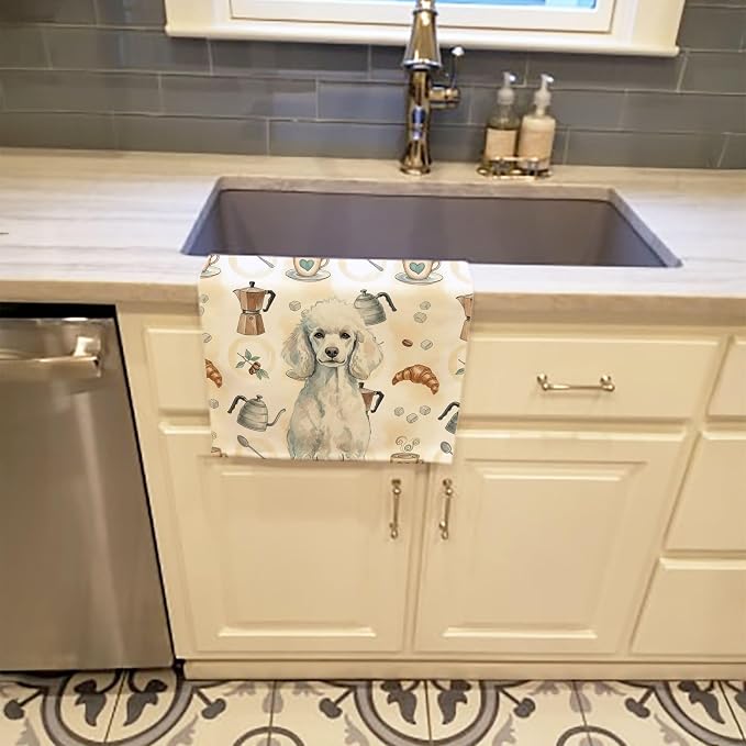 Caroline's Treasures Standard White Poodle Coffee Bar Kitchen Towel Velour Plush Front and Cotton Loop Back Machine Washable