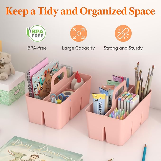 Lifewit 3-Pack Plastic Divided Caddy Organizer with Handle, Portable Art Supply Storage Organizer for Craft Supplies, Cosmetics, Holds Pencil, Crayon, Brushes, Hair Product, Dorm Shower Caddy, Pink