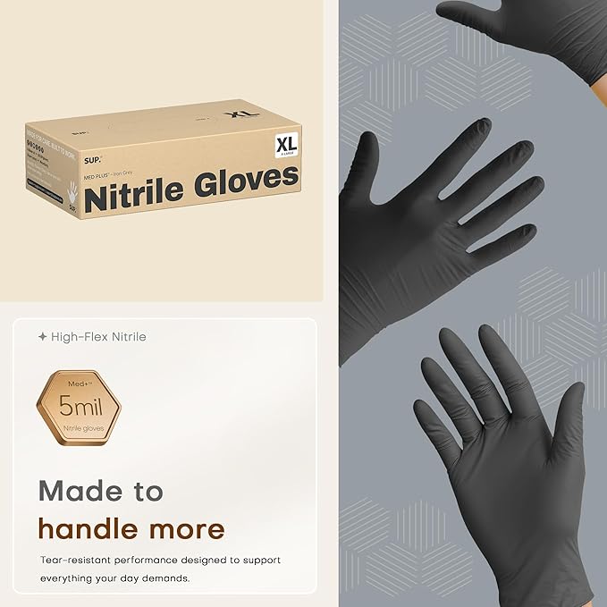 SUP Disposable Nitrile Exam Gloves, 5 Mil Powder-Free Latex-Free Food Safe for Medical Cooking Prep Cleaning, Black 750 Count