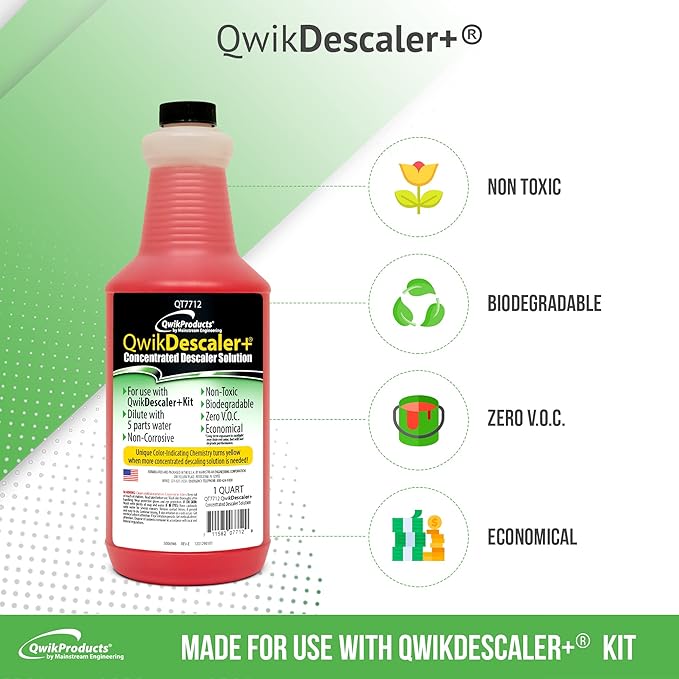 QwikProducts QwikDescaler + Concentrated Descaler Solution, Tankless Water Heater Descaling Solvent for Heat Exchanger, Quickly Dissolves Scale, Lime, Tarnish and Deposits, 1 Quart