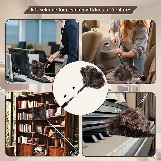 Telescopic Ostrich Feather Duster, 59-inch Naturally Fluffy Long-Handled Feather Duster, Soft, Durable and Reusable for Cleaning high Ceilings, Walls, Fans, Furniture and Blinds in The Home Office