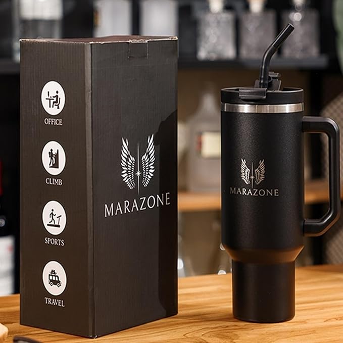 MARAZONE 40 oz Stainless Steel Tumbler with Handle, Lid and Removable Silicone Boot | Leakproof Travel Mug | Cupholder Compatible | Insulated Cup for Hot or Cold Drinks | BPA-Free - Midnight