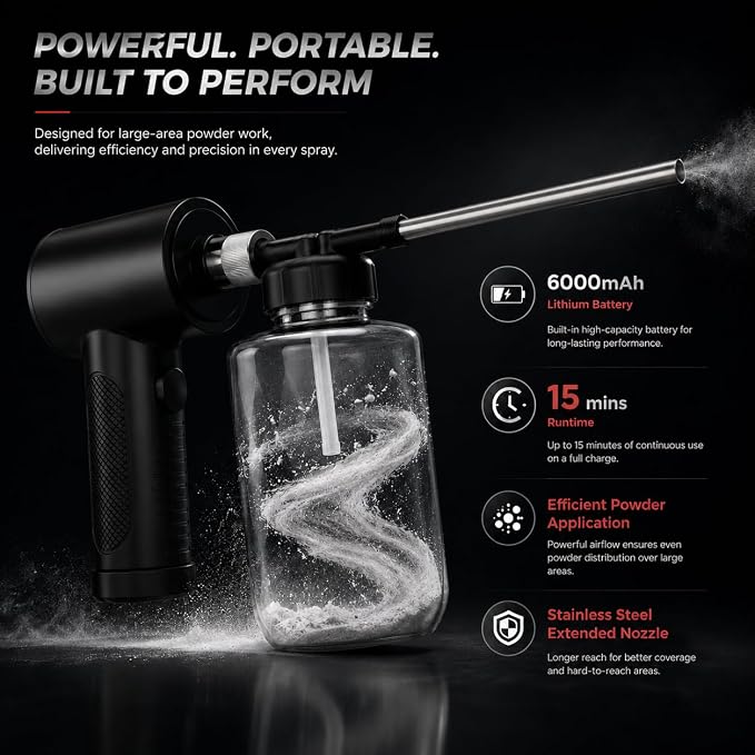 LURKA Electric Diatomaceous Earth Duster – Cordless Powder Duster with 500ML Bottle, 5.9" Stainless Steel Nozzle, 3-Speed Rechargeable Sprayer with Measuring Scoop & Silicone Funnel for Garden Use