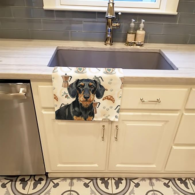Caroline's Treasures Wirehaired Black and Tan Dachshund Coffee Bar Kitchen Towel Velour Plush Front and Cotton Loop Back Machine Washable