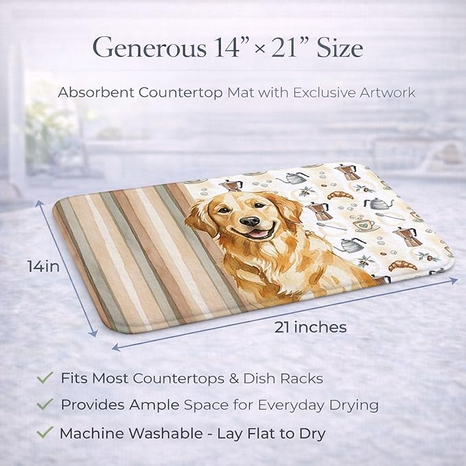 Caroline's Treasures Golden Retriever Coffee Bar Dish Drying Mat Absorbent Dish Drying Mat Pad for Kitchen Counter Dish Drainer Mat for Countertop, 14 x 21", Multicolor