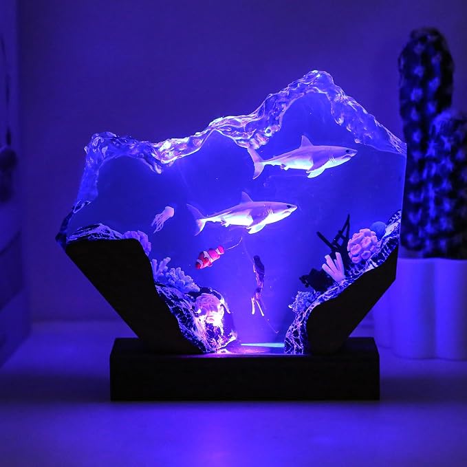 Scuba Diver and Shark Ocean Resin Lamp, Handmade Resin Night Light for Home Office Decor, Multi-Color LED Light with USB Port, Scuba Diver Gifts for Birthday, Shark Gifts for Women & Men (10"x6")