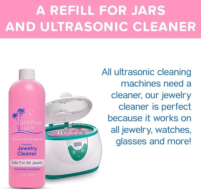 Caribbean Gem USA All Natural Banana & Coconut Oil Jewelry Cleaner with Polishing Cloth, For Gold, Silver and Precious Gems, Ammonia Free, Hypoallergenic Jewelry Cleaning Solution (16oz)