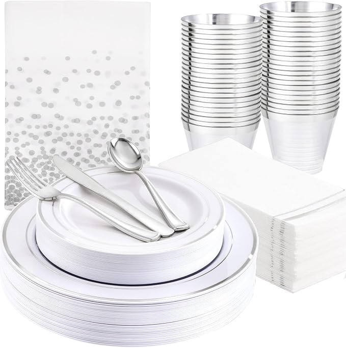 GATHER 175 Pieces Silver Plates - Disposable Silver Plastic Plates Includes 50 Plates, 75 Silverware, 25 Napkins, 25 Silver Rimmed Cups Perfect for Party & Weding