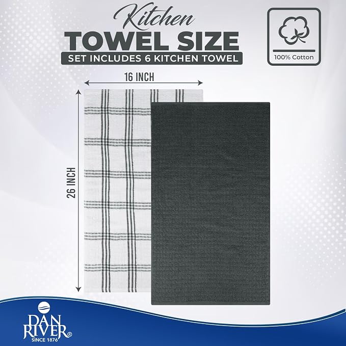 DAN RIVER Premium Grey Kitchen Towels - [Pack of 6] 100% Cotton (16x 26 Inches) -Super Soft, Highly Absorbent Hand Towels, Quick Dry, Dish Towels, Tea and Bar Towels Set