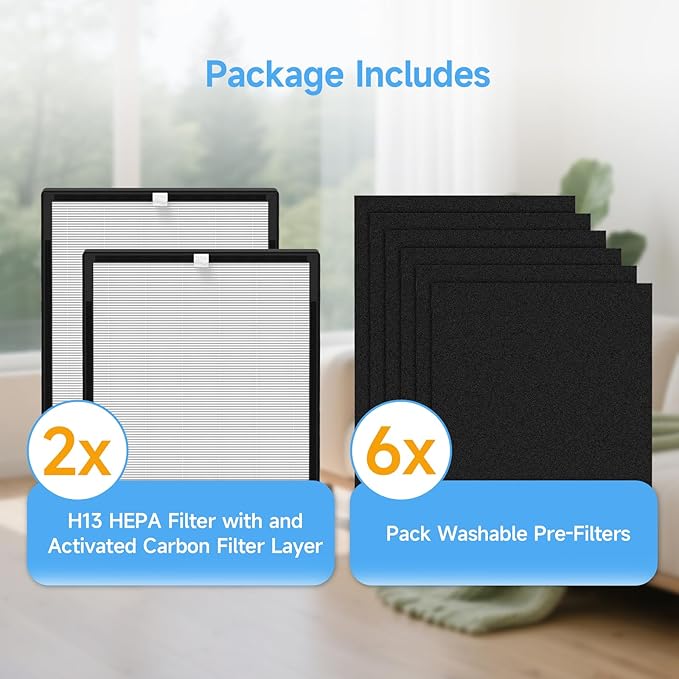 2 Pack T555 Replacement Filter and 6 Washable Pre-Filters Compatible with Trucozie T555 Air Purifier, 3-in-1 True HEPA Filter with Activated Carbon, Original Filter