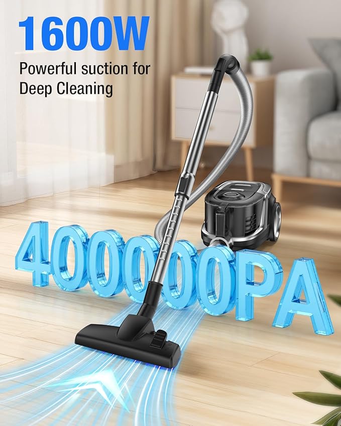 Zefiro Max 1600W Bagless Canister Vacuum Cleaner, 40kPa Powerful Suction for Pet Hair, Hard Floors & Carpets, Lightweight with HEPA Filter, Auto Cord Rewind & Large Capacity for Home & Apartments
