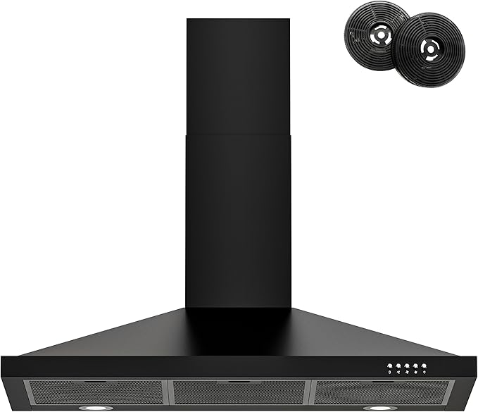 FIREGAS Black Range Hood 36 inch with Ducted Convertible Ductless, Kitchen Wall Mount Chimney-Style Over Stove Vent, 3 Speed Exhaust Fan, LED Lights