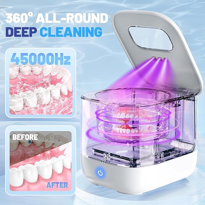 Sonolab Ultrasonic Retainer Cleaner Machine with 2 Removable/Replaceable Tanks, 45kHz Sonic Dental Cleaning Pod, 240ml Large Capacity Ultrasonic UV Cleaner for Dentures, Aligners, Mouth Guards