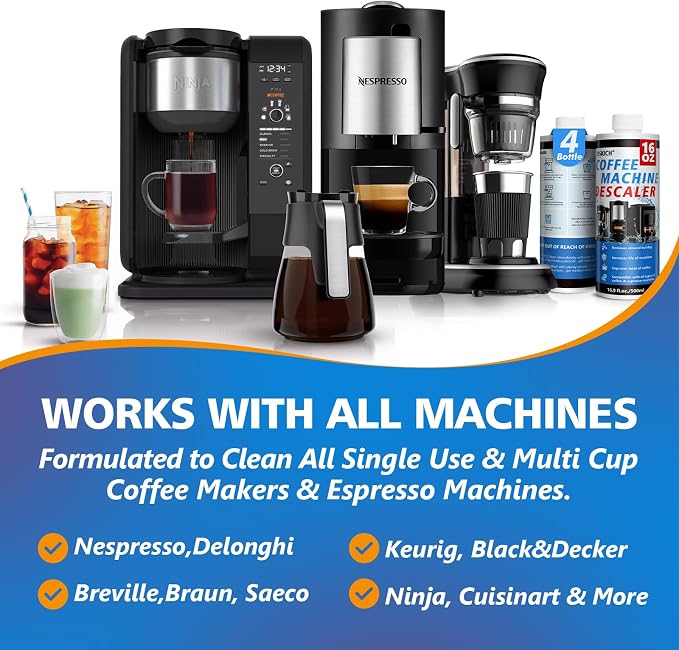 4 Pack Coffee Machine Descaler Descaling Solution -16 Uses,Descaling Solution for Descaling Solution for Keurig, Nespresso, Delonghi,Espresso Machines