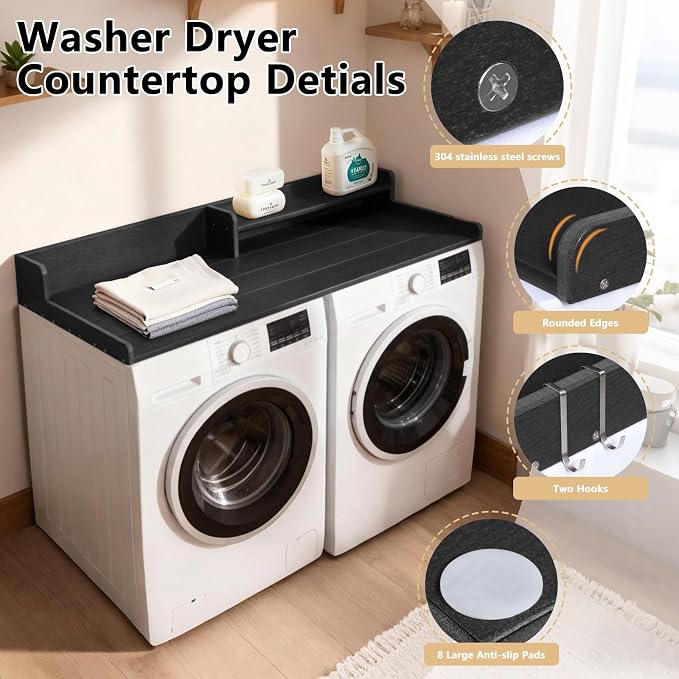 Washer Dryer Countertop, HDPE Laundry Countertop with Storage Shelf and Edge Rails-Black