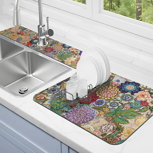 Dish Drying Mat for Kitchen Counter Matt, 2PCS 19"x12" Dish Drainer Mat & 24"x5.5" Sink Splash Guard, Super Absorbent Non-slip Rubber Backed